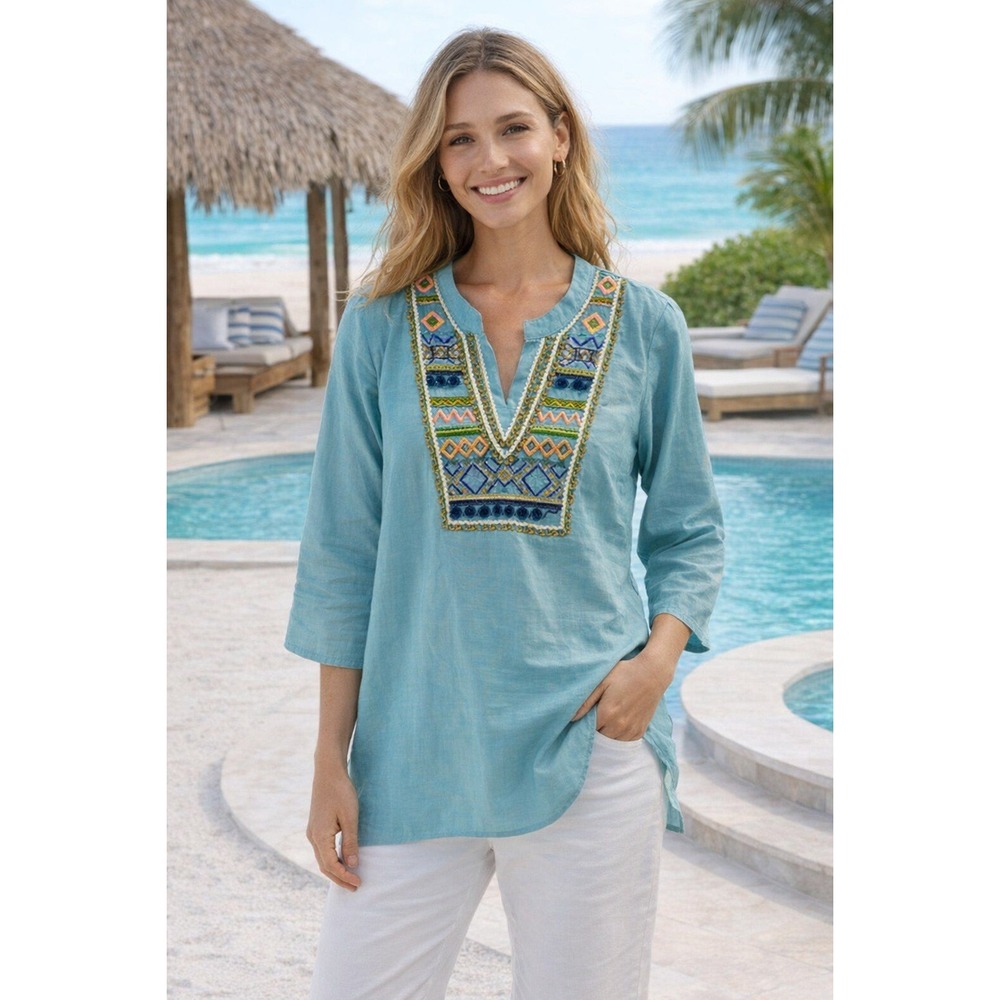 Tommy Bahama Tunic Top Bohemian Aqua Blue Embroidery Womens Small Cotton Silk
